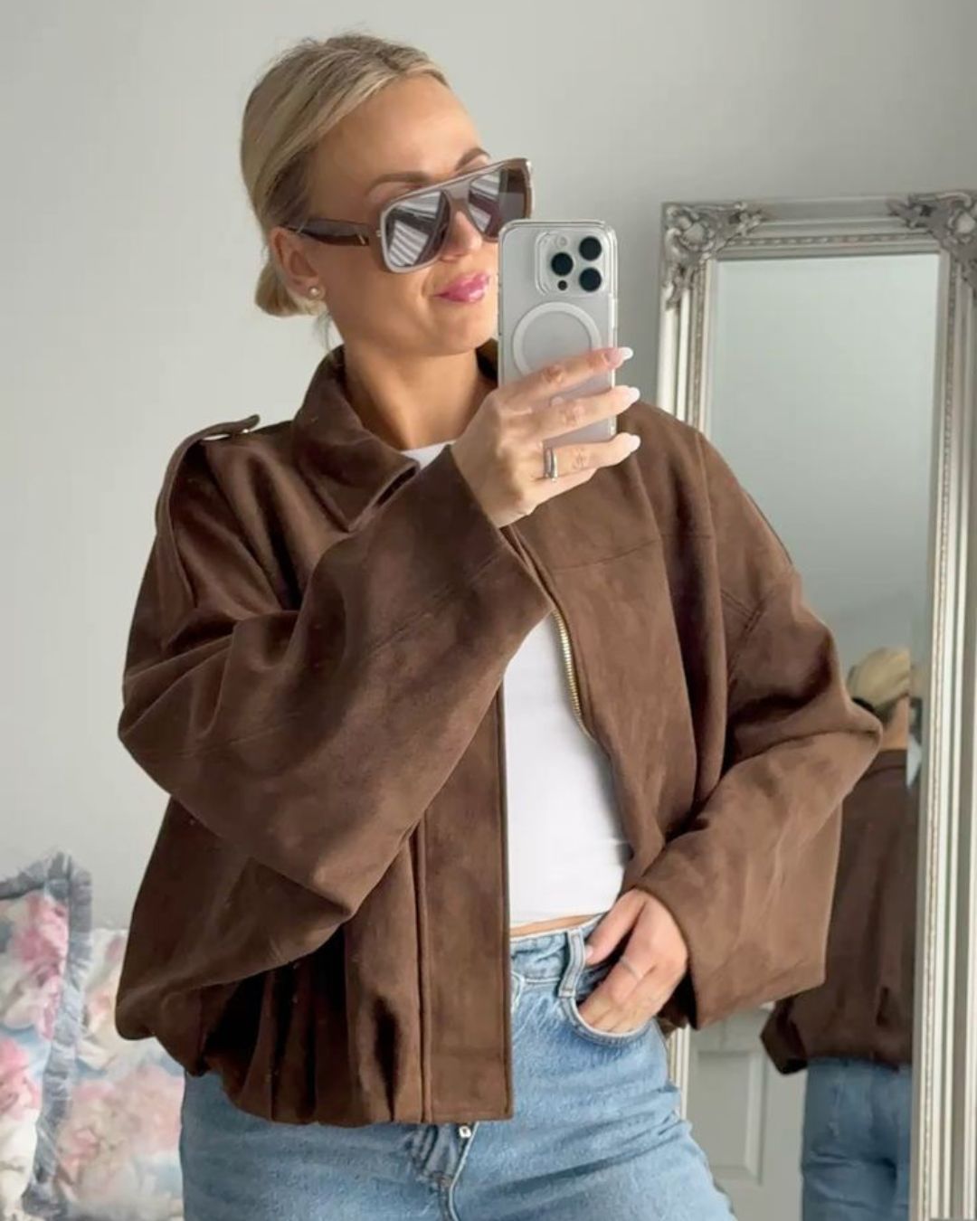 Giacca Bomber Donna in Pelle Scamosciata | Stile Pilota, Zip, Autunno/Inverno