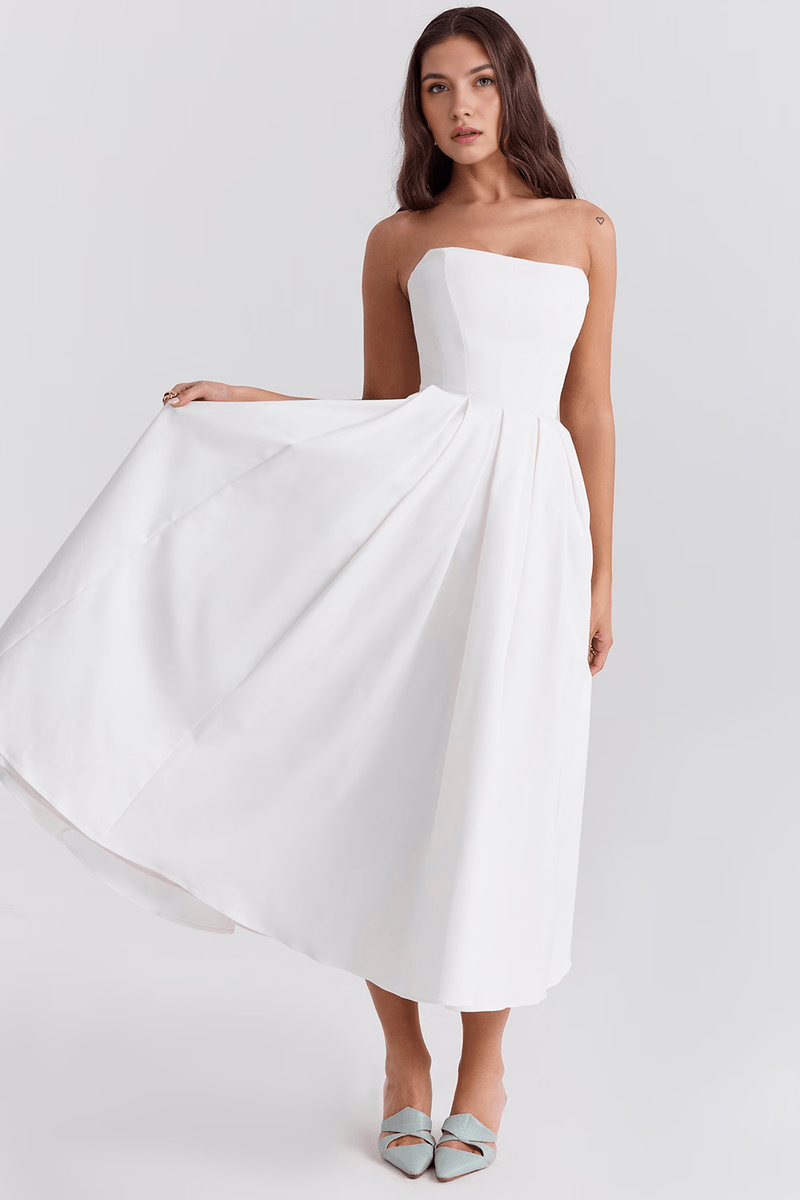 Abito Bianco Midi Bustier con Vestibilità a Corsetto - Perfetto per matrimoni ed Eventi | Tiamusi TIAMUSE Dress Bustier