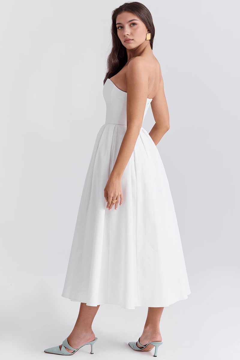 Abito Bianco Midi Bustier con Vestibilità a Corsetto - Perfetto per matrimoni ed Eventi | Tiamusi TIAMUSE Dress Bustier