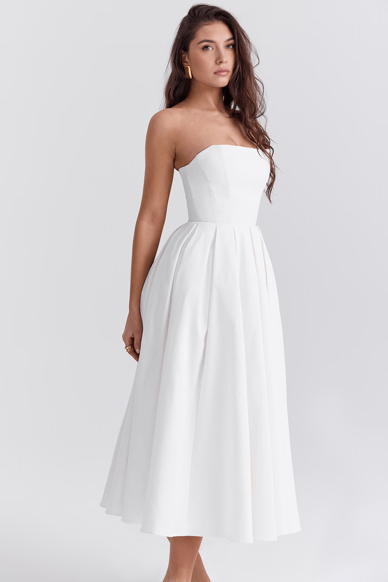 Abito Bianco Midi Bustier con Vestibilità a Corsetto - Perfetto per matrimoni ed Eventi | Tiamusi TIAMUSE Dress Bustier
