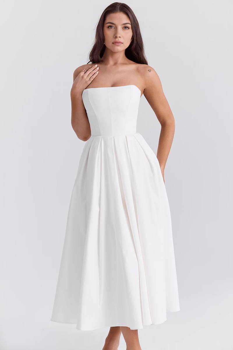 Abito Bianco Midi Bustier con Vestibilità a Corsetto - Perfetto per matrimoni ed Eventi | Tiamusi TIAMUSE Dress Bustier