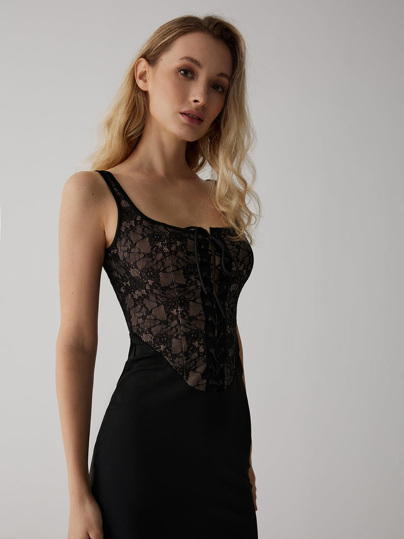 Abito Elegante con Corpetto a Corsetto in Pizzo Nero | Vestito Raquel TIAMUSE Dresses