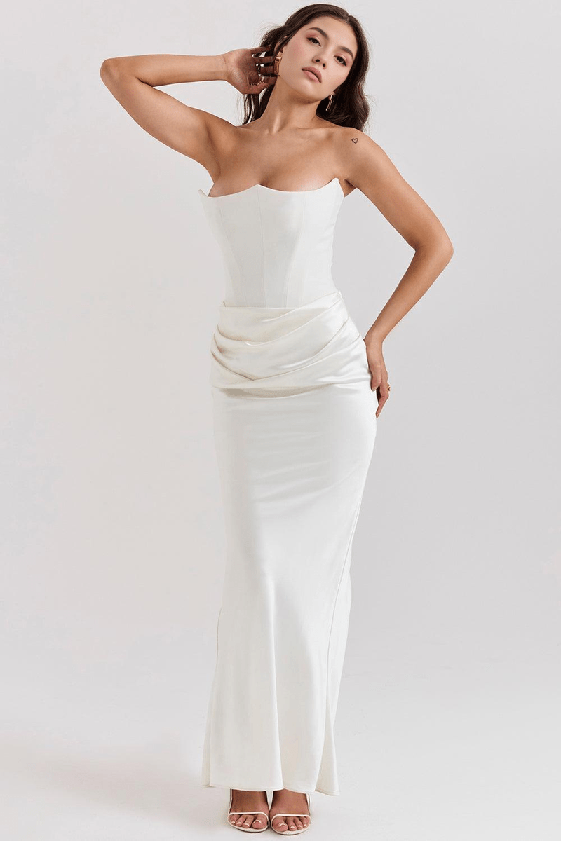 Abito da Sera Elegante in Raso Bianco con Corsetto Strutturato | Venera TIAMUSE Vestito Lungo