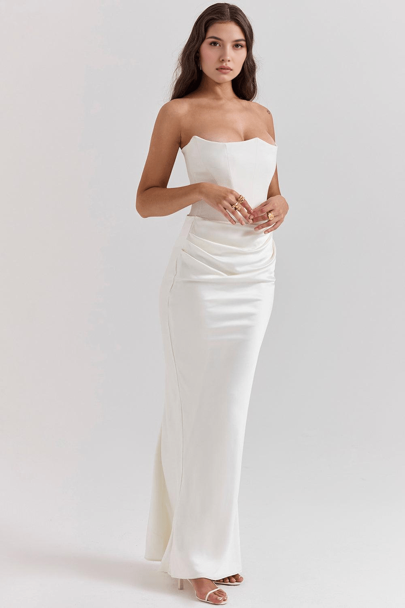 Abito da Sera Elegante in Raso Bianco con Corsetto Strutturato | Venera TIAMUSE Vestito Lungo
