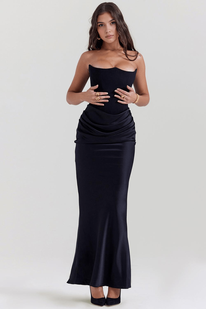 Abito Lungo Nero con Corsetto | Eleganza Senza Spalline Venera TIAMUSE Vestito Lungo