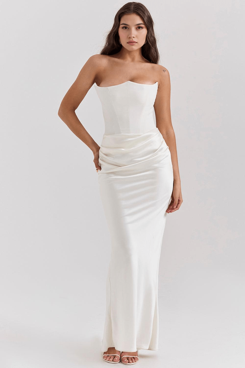 Abito da Sera Elegante in Raso Bianco con Corsetto Strutturato | Venera TIAMUSE Vestito Lungo