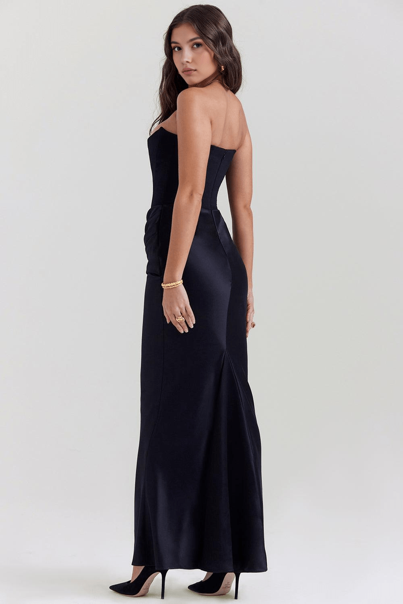 Abito Lungo Nero con Corsetto | Eleganza Senza Spalline Venera TIAMUSE Vestito Lungo