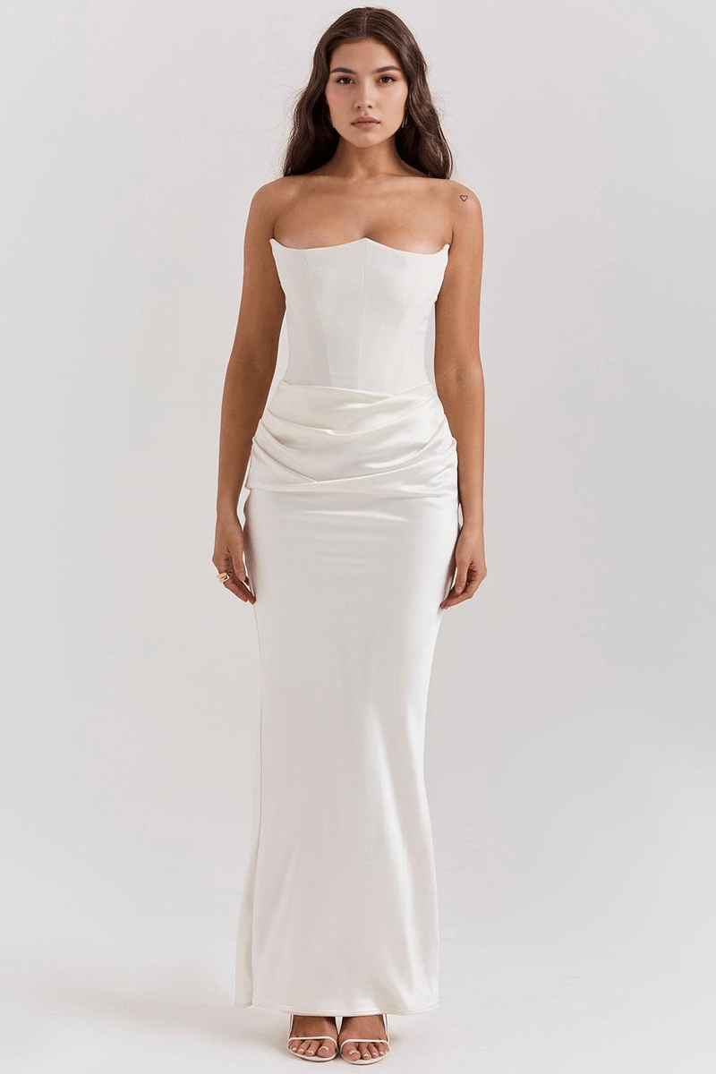 Abito da Sera Elegante in Raso Bianco con Corsetto Strutturato | Venera TIAMUSE Vestito Lungo