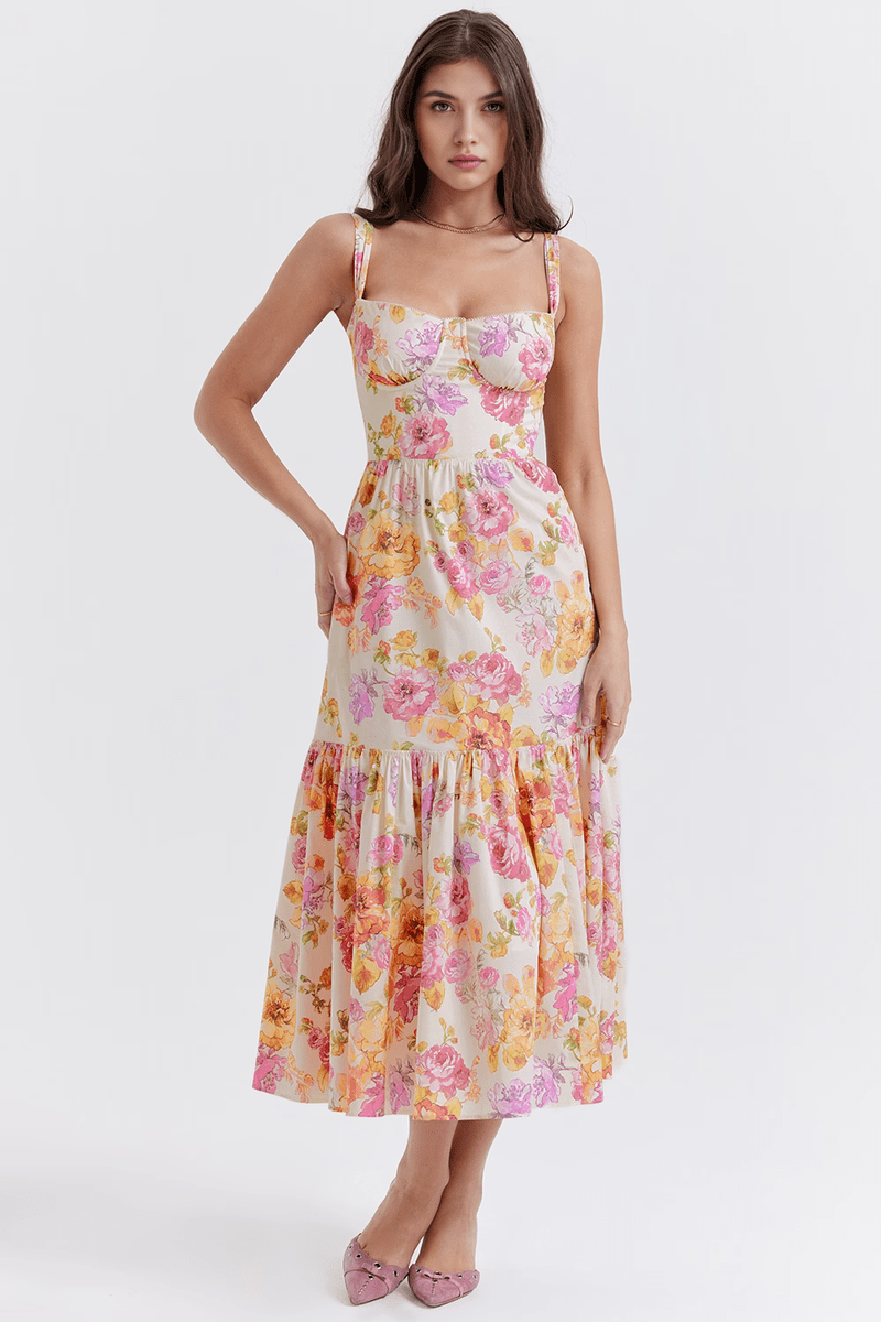 Abito Midi Elegante Camille | Vestito Estivo Floreale con Scollo Quadrato TIAMUSE VESTITO MIDI CAMILLE