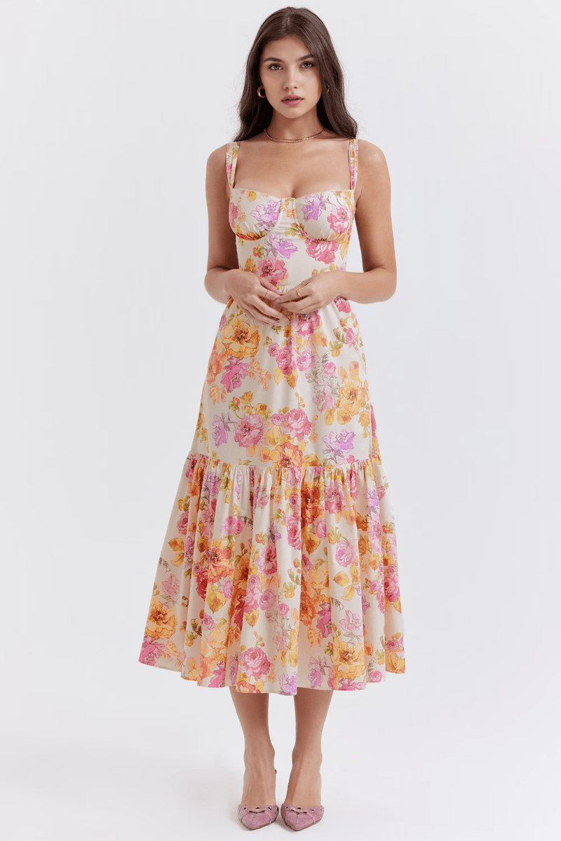 Abito Midi Elegante Camille | Vestito Estivo Floreale con Scollo Quadrato TIAMUSE VESTITO MIDI CAMILLE