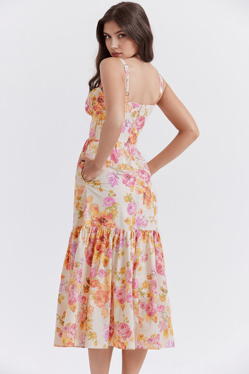 Abito Midi Elegante Camille | Vestito Estivo Floreale con Scollo Quadrato TIAMUSE VESTITO MIDI CAMILLE