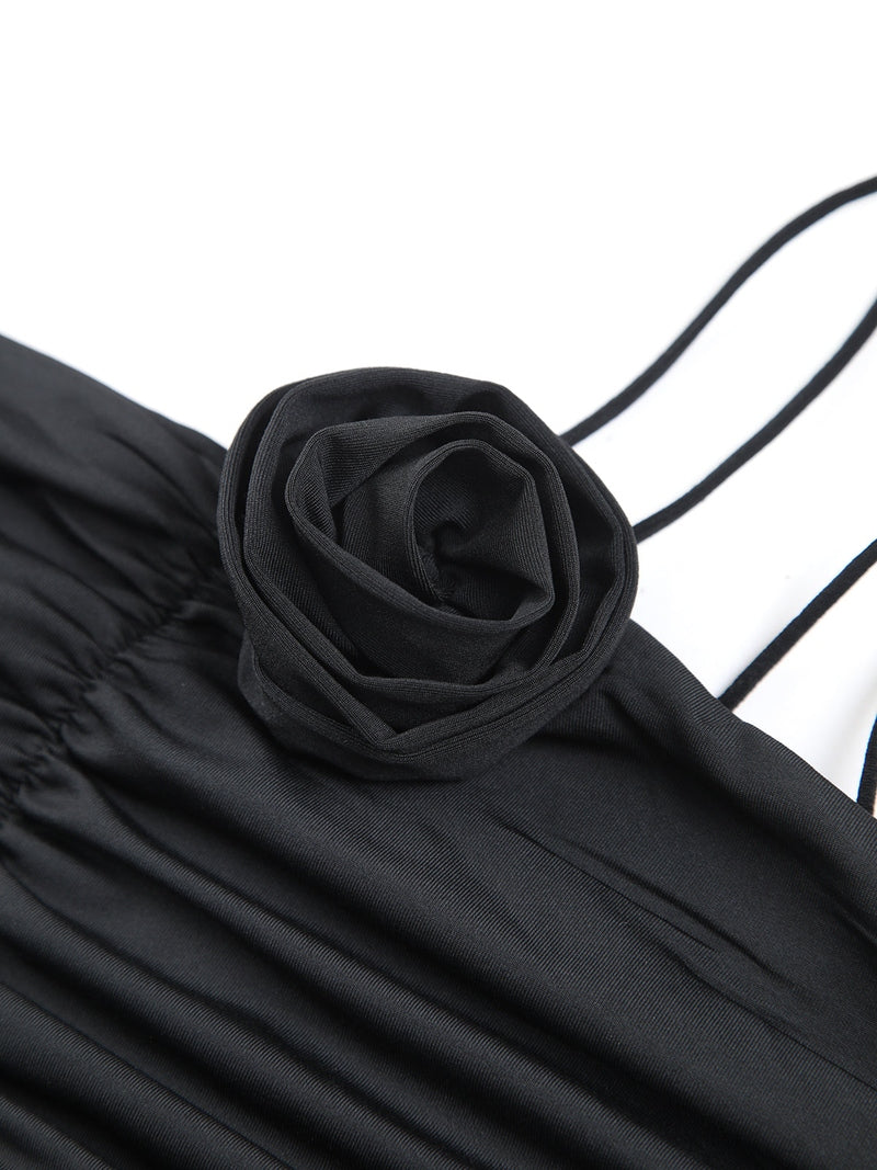 Abito Midi Nero per Cerimonie e Serate Eleganti | Modello a Fiori con Spalle Scoperte - Emilis TIAMUSE Abito GLAM
