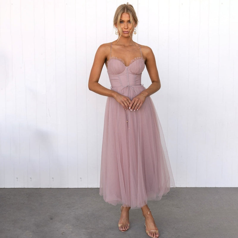 Abito Midi Senza Maniche con Gonna in Tulle | Perfetto per Cerimonie Diana TIAMUSE Abito Vestito