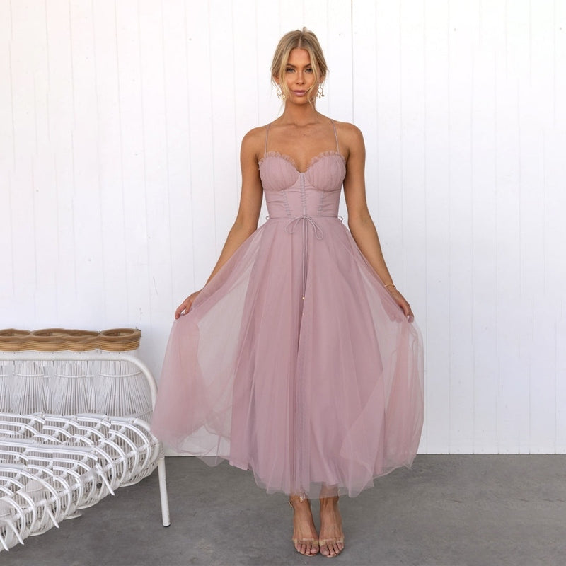 Abito Midi Senza Maniche con Gonna in Tulle | Perfetto per Cerimonie Diana TIAMUSE Abito Vestito