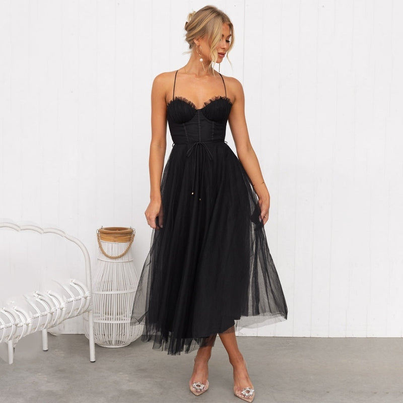 Abito Midi Senza Maniche con Gonna in Tulle | Perfetto per Cerimonie Diana TIAMUSE Abito Vestito