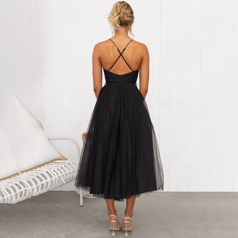 Abito Midi Senza Maniche con Gonna in Tulle | Perfetto per Cerimonie Diana TIAMUSE Abito Vestito