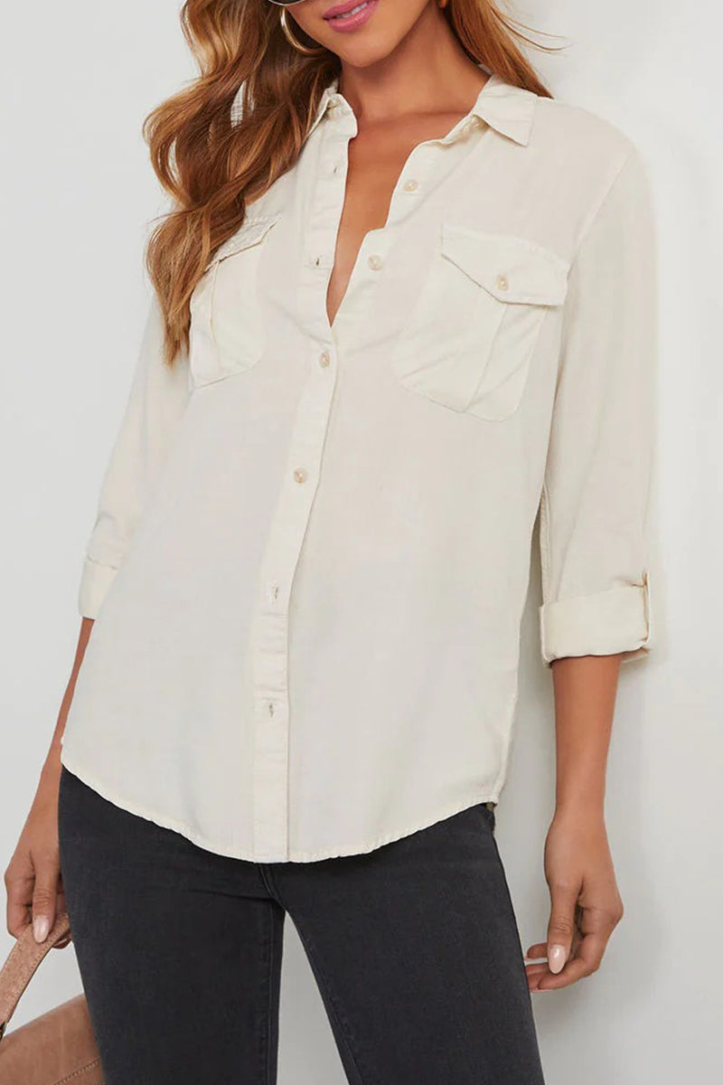 Blusa Casual Elegante con Tasche e Collo Ribattuto | Camicia in Cotone e Denim TIAMUSE Tops/Blouses & Shirts