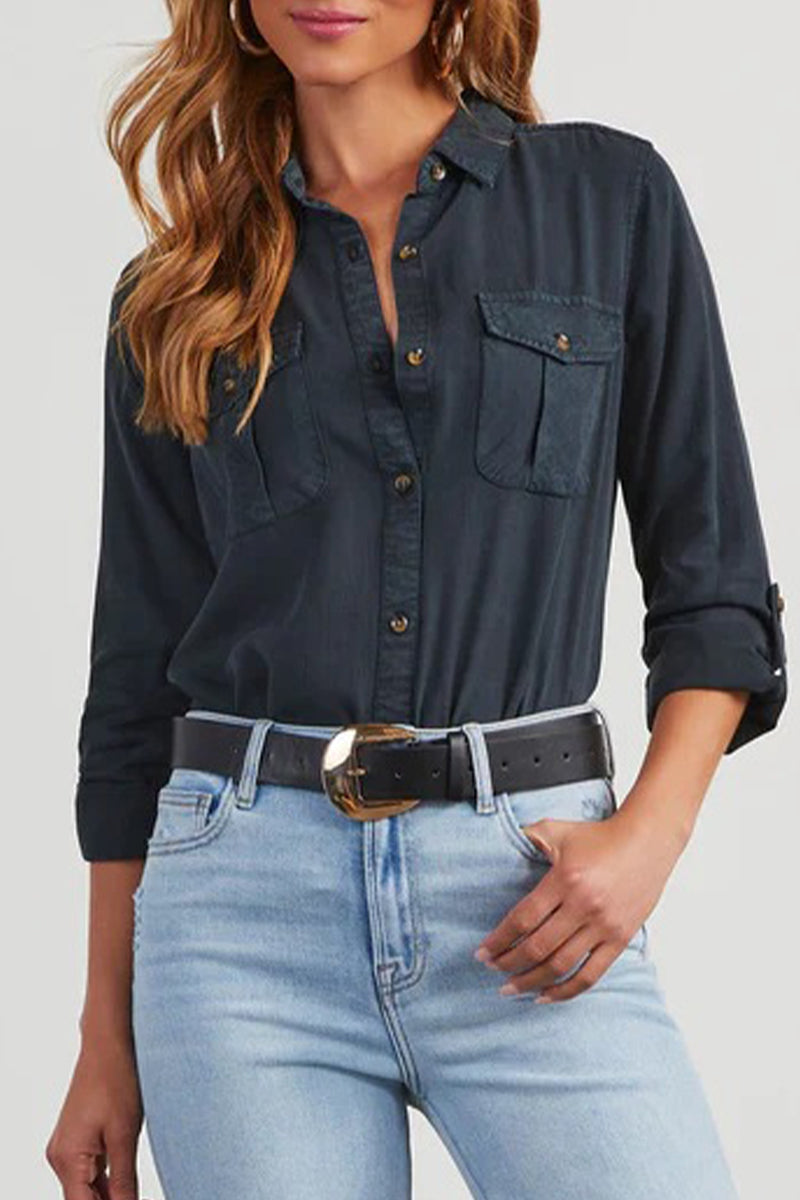 Blusa Casual Elegante con Tasche e Collo Ribattuto | Camicia in Cotone e Denim TIAMUSE Tops/Blouses & Shirts