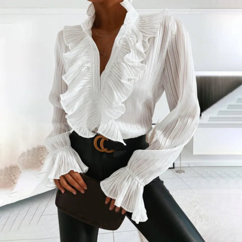 Blusa Moda Amili | Camicia Trendy con Volant e Bottoni per Ufficio e Outfit da Sera TIAMUSE Camicia
