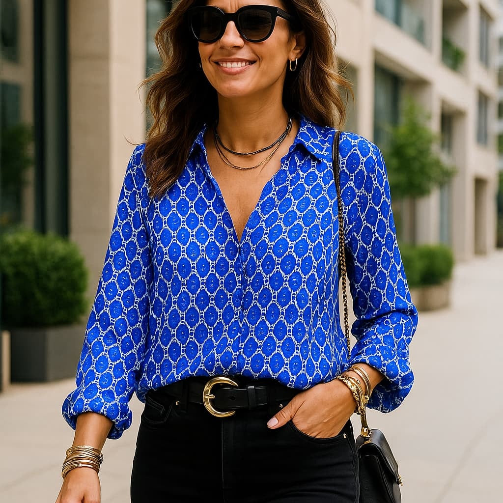 Camicia Donna Blu con Scollo a V | Stampa Chic e Taglio Fluido – Eva TIAMUSE Blusa