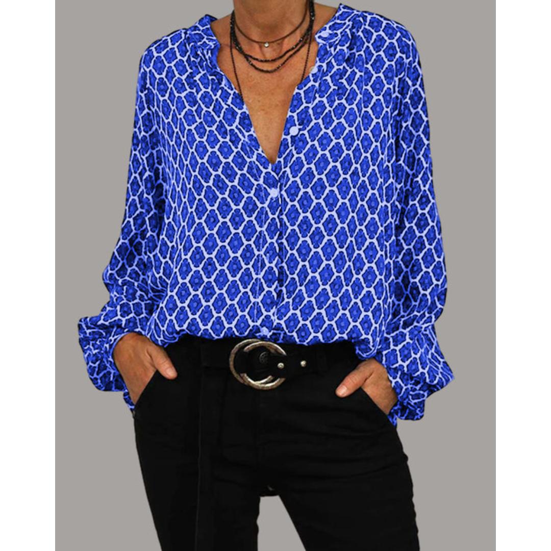 Camicia Donna Blu con Scollo a V | Stampa Chic e Taglio Fluido – Eva TIAMUSE Blusa