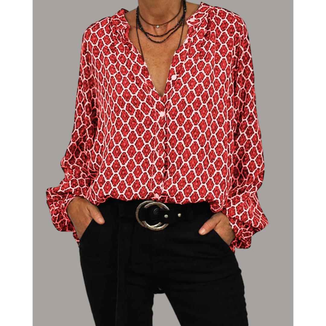 Camicia Donna Blu con Scollo a V | Stampa Chic e Taglio Fluido – Eva TIAMUSE Blusa