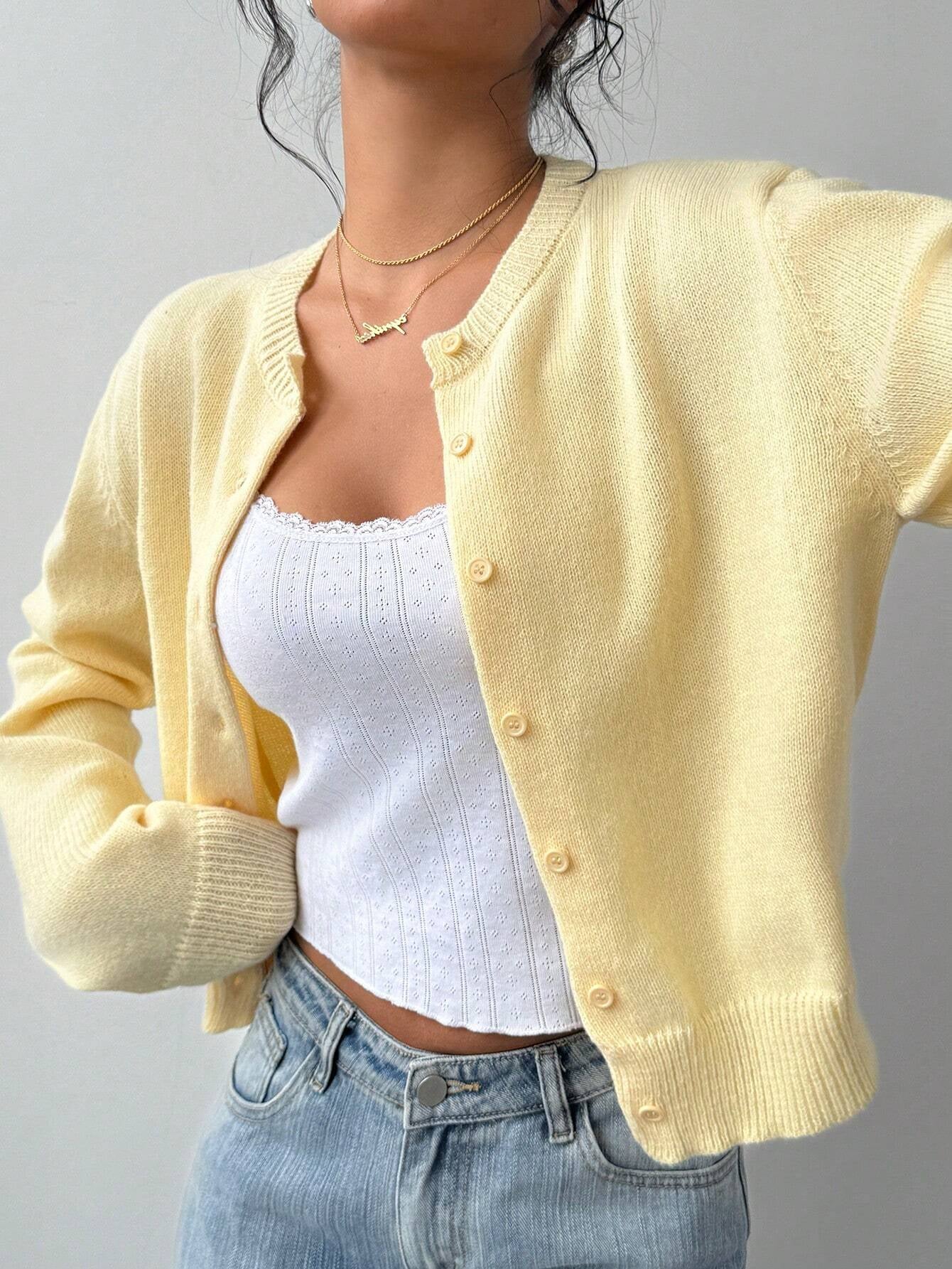 Cardigan Donna Casual Giallo | Maglione Corto Slim con Scollo Rotondo TIAMUSE Cardigan