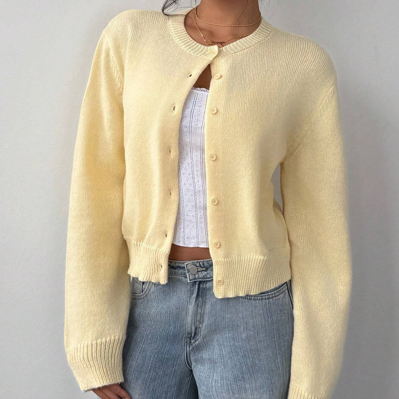 Cardigan Donna Casual Giallo | Maglione Corto Slim con Scollo Rotondo TIAMUSE Cardigan