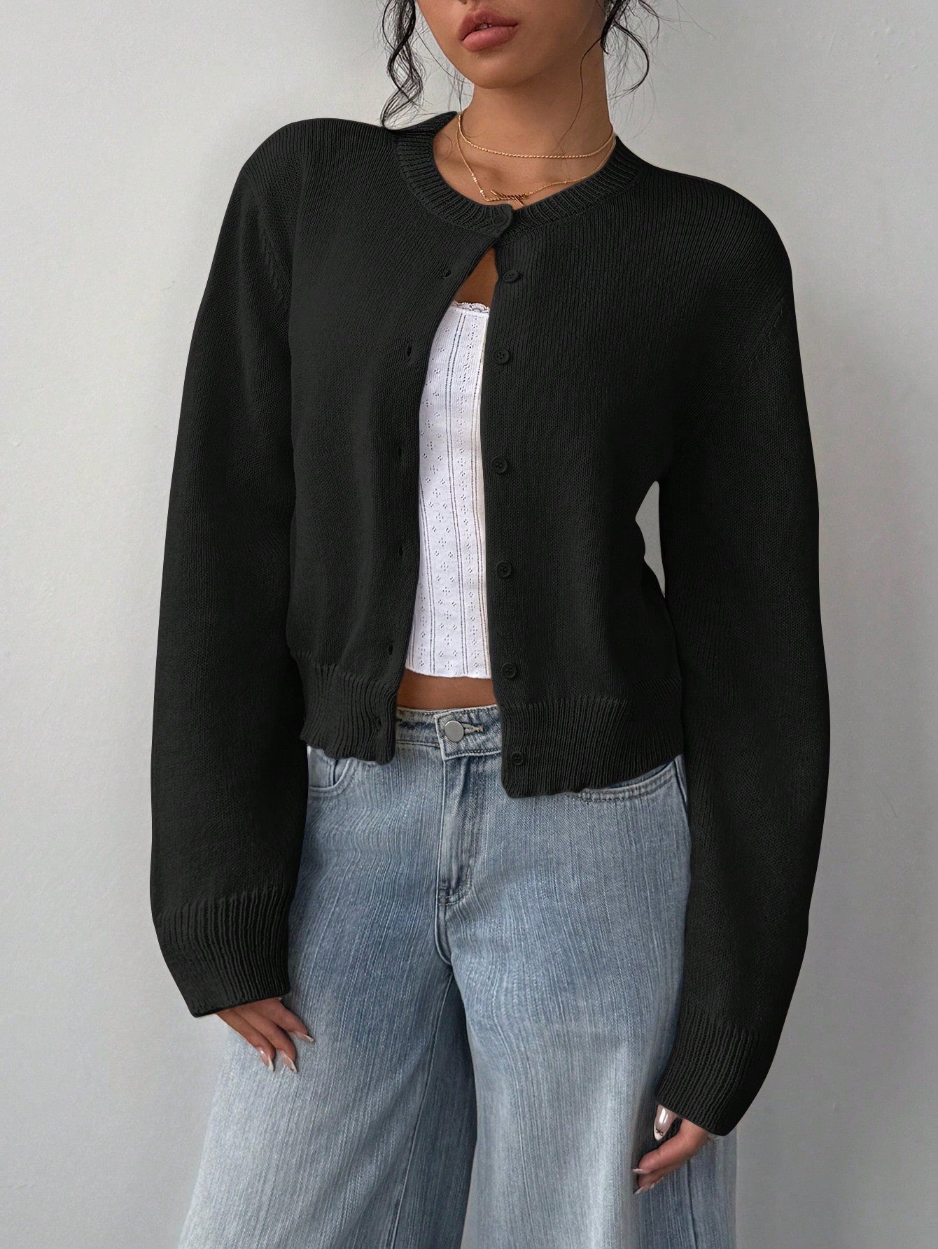 Cardigan Donna Casual Nero | Maglione Corto Slim con Scollo Rotondo TIAMUSE Cardigan