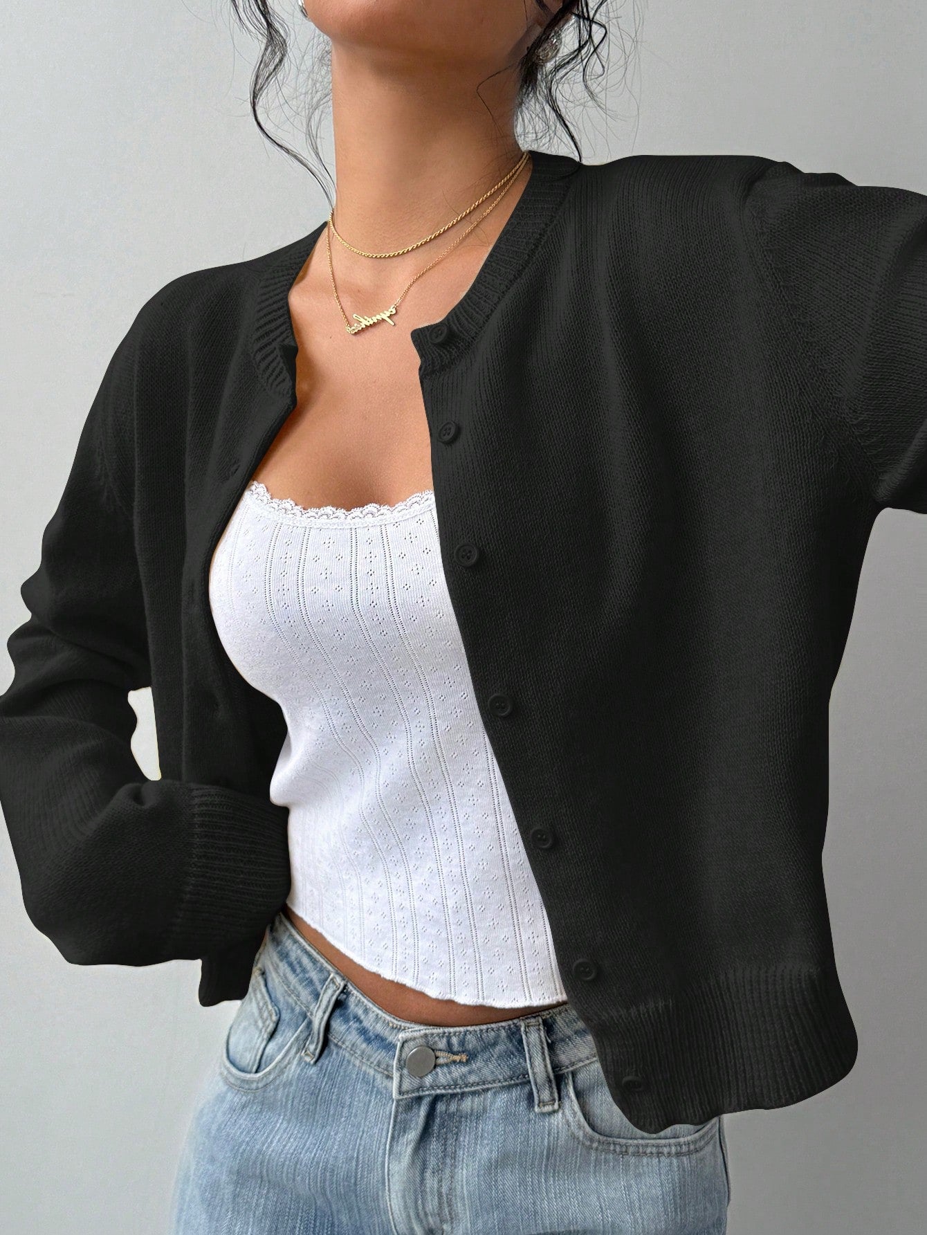 Cardigan Donna Casual Nero | Maglione Corto Slim con Scollo Rotondo TIAMUSE Cardigan