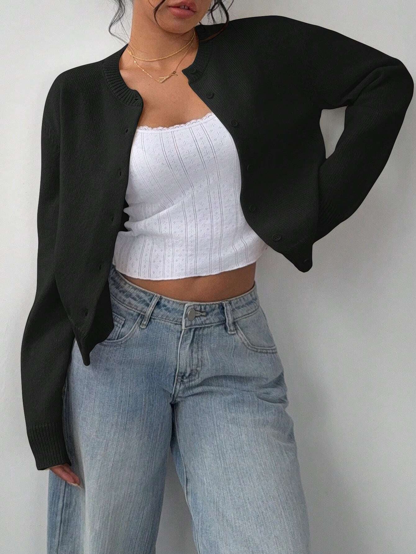 Cardigan Donna Casual Nero | Maglione Corto Slim con Scollo Rotondo TIAMUSE Cardigan