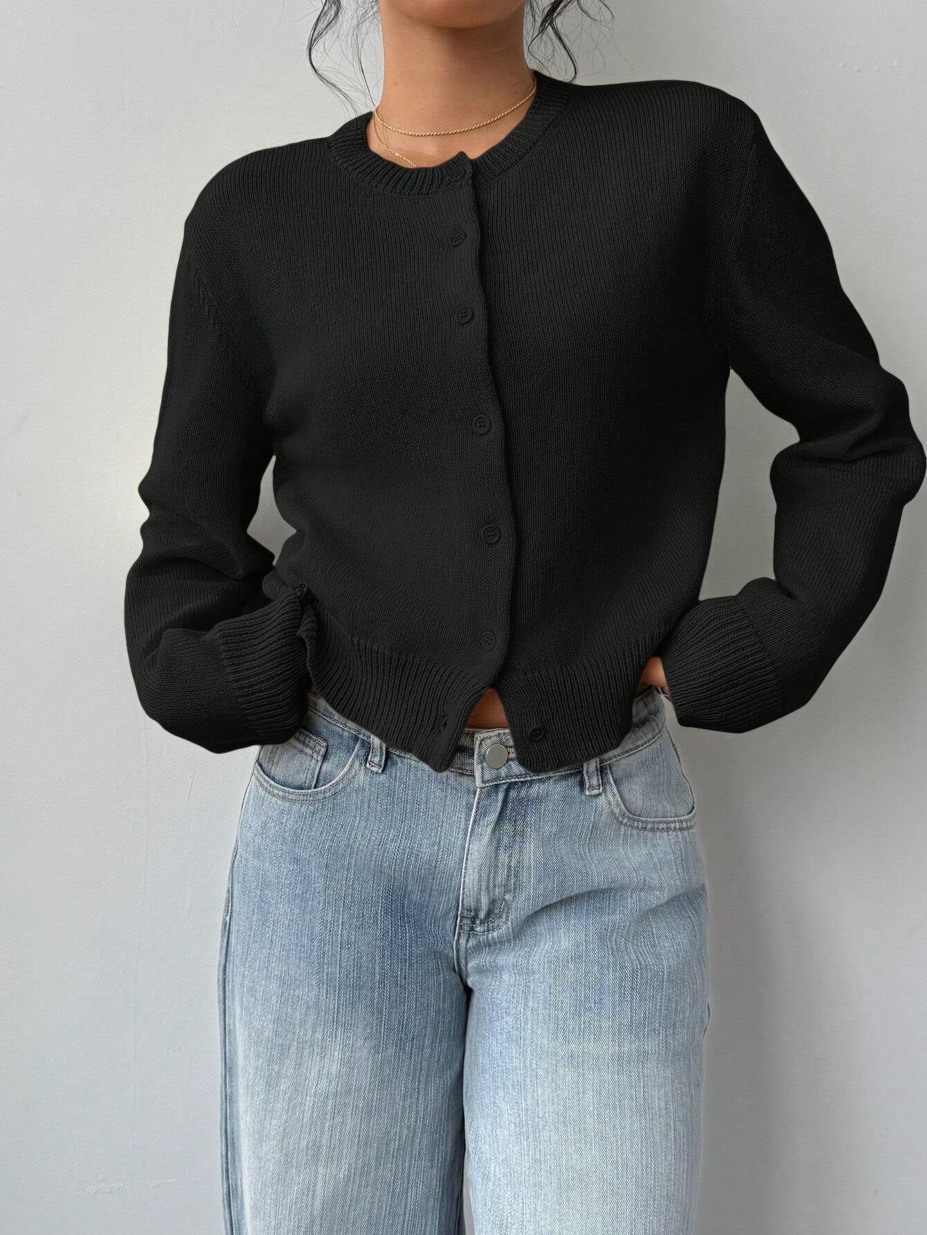 Cardigan Donna Casual Nero | Maglione Corto Slim con Scollo Rotondo TIAMUSE Cardigan