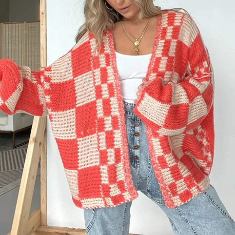 Cardigan Donna Oversize a Scacchi con Apertura Frontale | Trend 2025 TIAMUSE