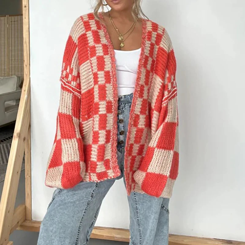 Cardigan Donna Oversize a Scacchi con Apertura Frontale | Trend 2025 TIAMUSE