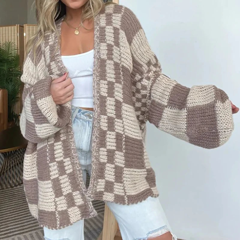 Cardigan Donna Oversize a Scacchi con Apertura Frontale | Trend 2025 TIAMUSE