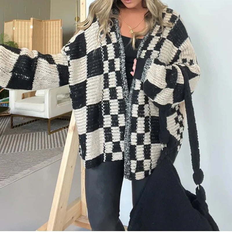 Cardigan Donna Oversize a Scacchi con Apertura Frontale | Trend 2025 TIAMUSE