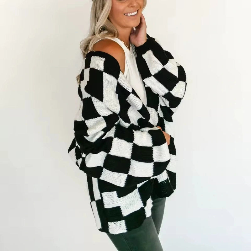 Cardigan Donna Oversize a Scacchi con Apertura Frontale | Autunno/Inverno 2025 TIAMUSE