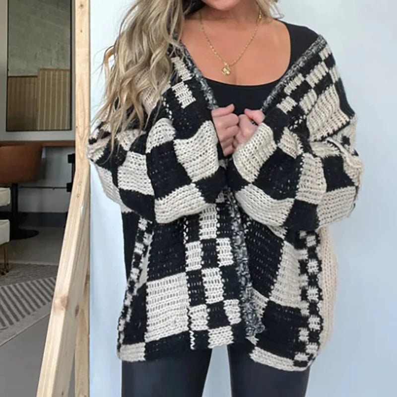 Cardigan Donna Oversize a Scacchi con Apertura Frontale | Trend 2025 TIAMUSE