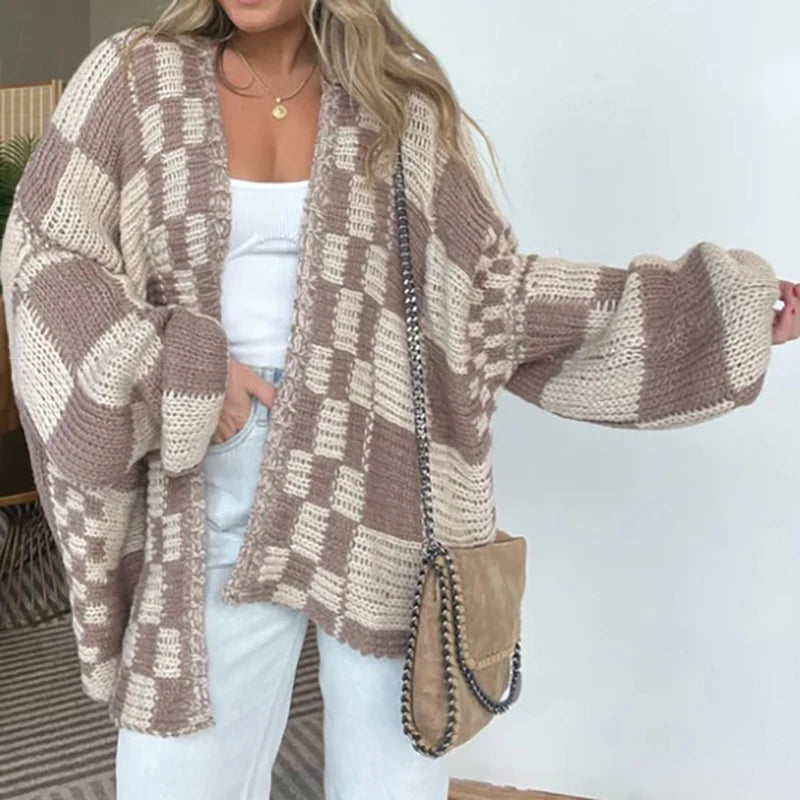 Cardigan Donna Oversize a Scacchi con Apertura Frontale | Trend 2025 TIAMUSE
