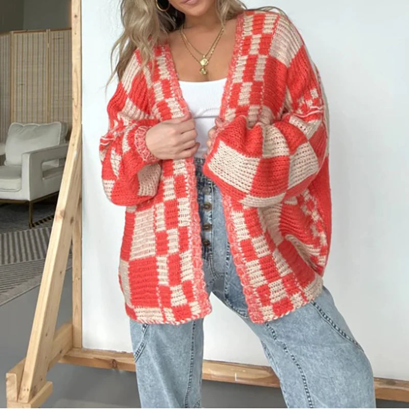 Cardigan Donna Oversize a Scacchi con Apertura Frontale | Trend 2025 TIAMUSE
