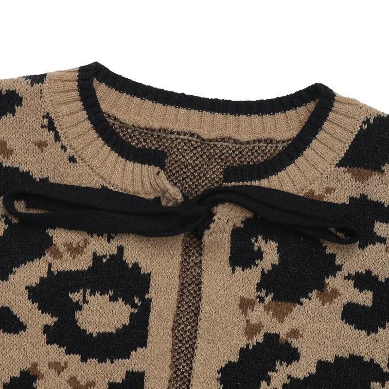 Cardigan a Maglia con Stampa Leopardata e Chiusura a Fiocco TIAMUSE