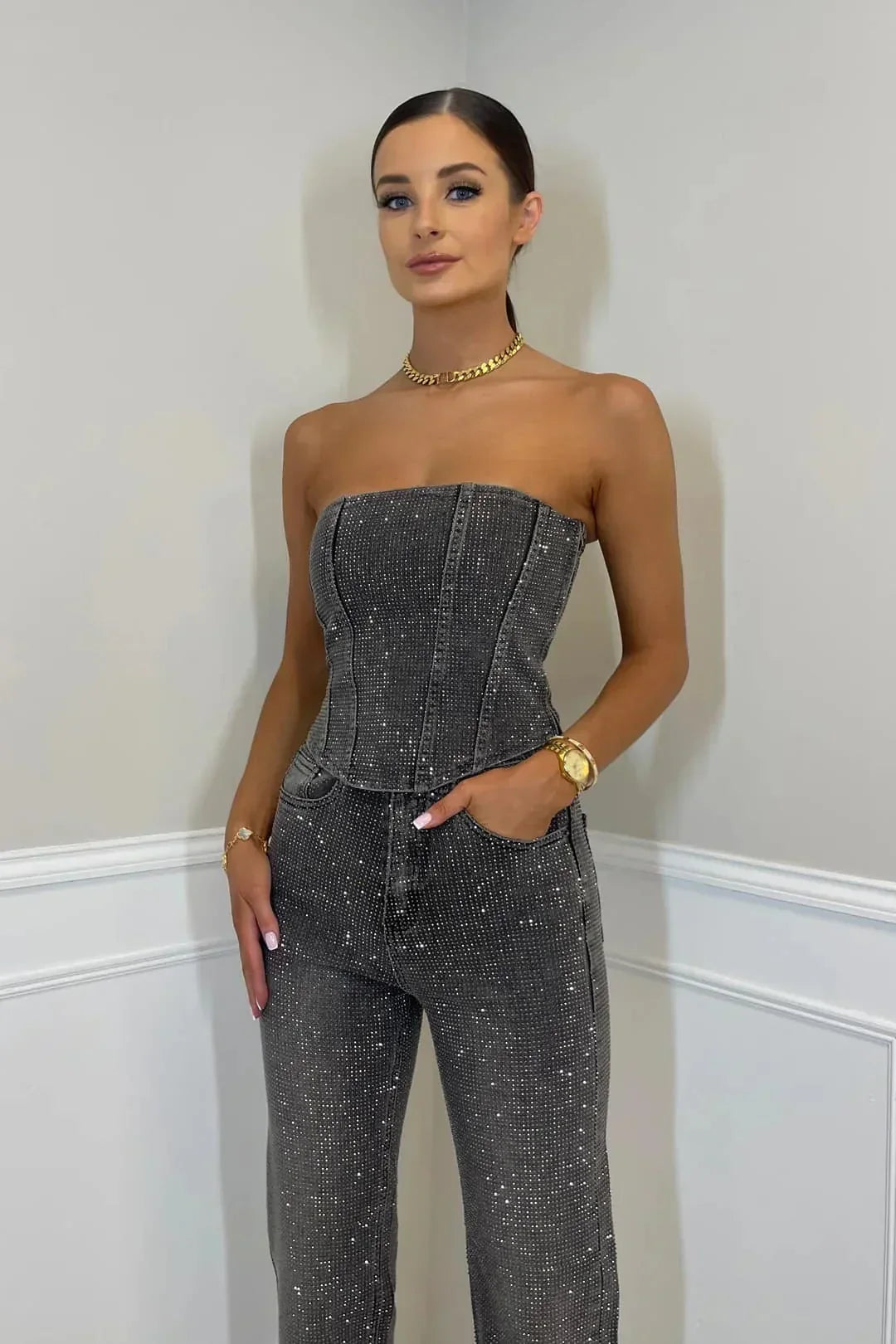 Completo Donna con Strass 2025 | Jeans in Denim e Top Brillante per Feste e Serate TIAMUSE Sets