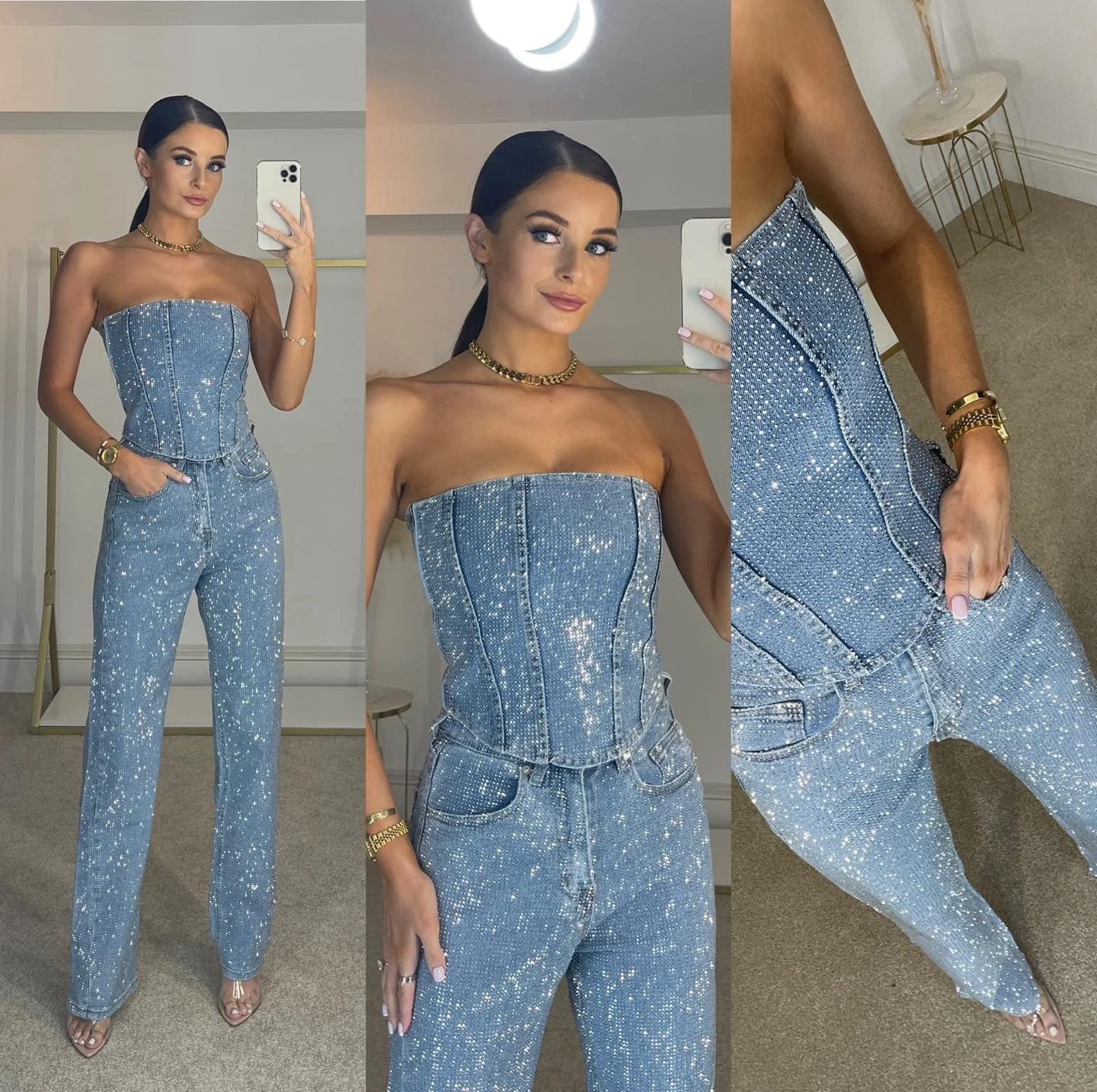 Completo Donna con Strass 2025 | Jeans in Denim e Top Brillante per Feste e Serate TIAMUSE Sets