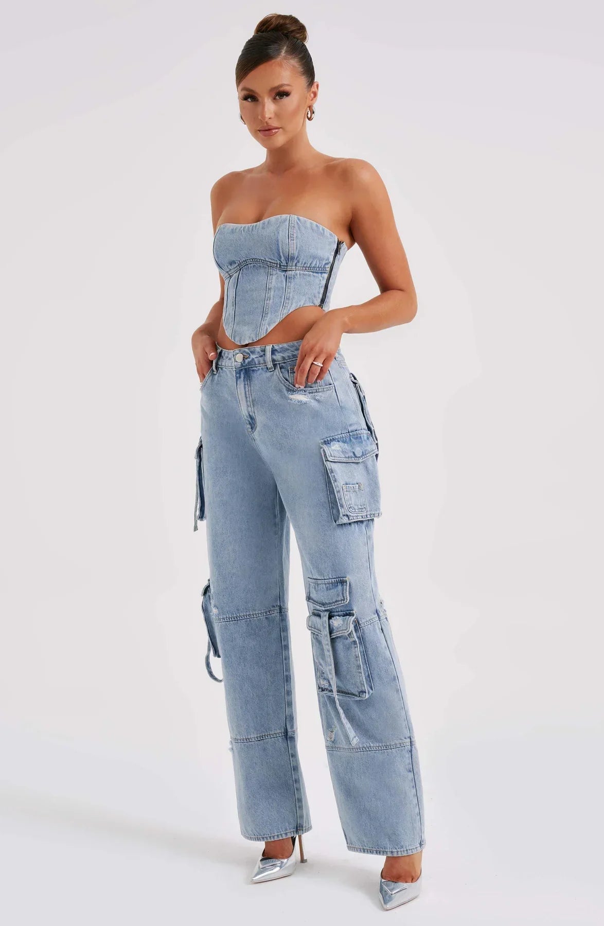 Completo Donna in Denim con Corsetto e Cargo Pants TIAMUSE