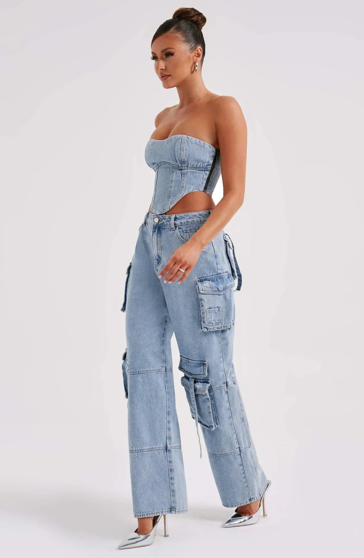 Completo Donna in Denim con Corsetto e Cargo Pants TIAMUSE