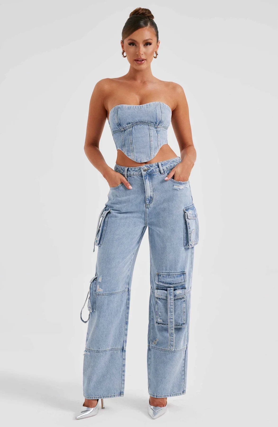 Completo Donna in Denim con Corsetto e Cargo Pants TIAMUSE