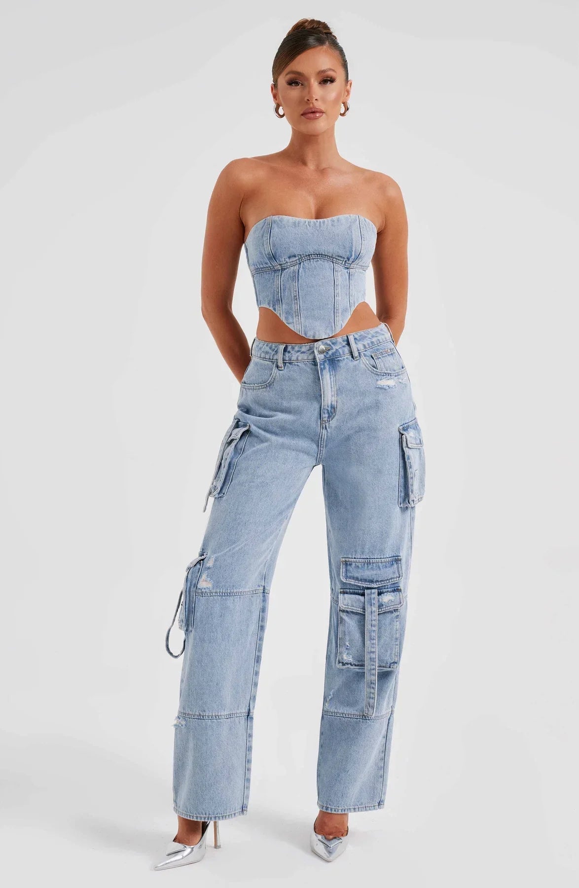 Completo Donna in Denim con Corsetto e Cargo Pants TIAMUSE