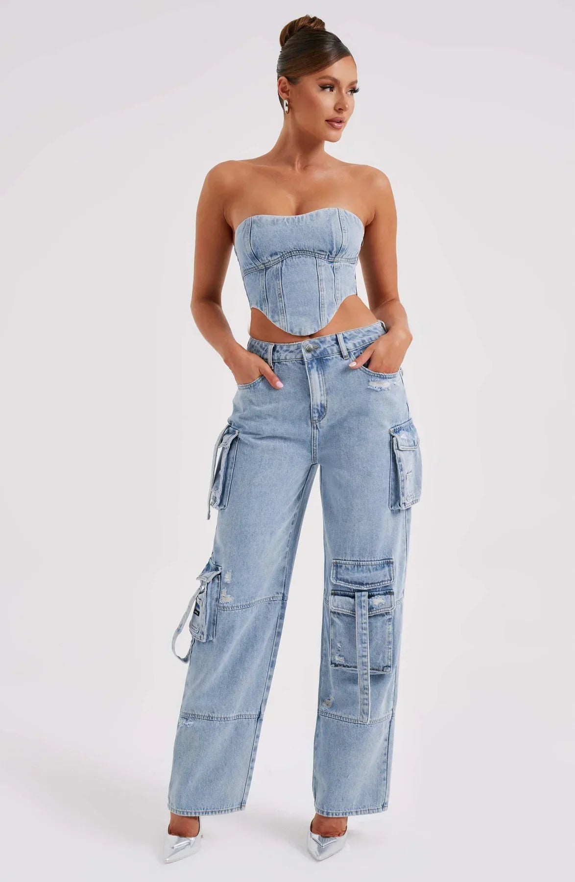 Completo Donna in Denim con Corsetto e Cargo Pants TIAMUSE