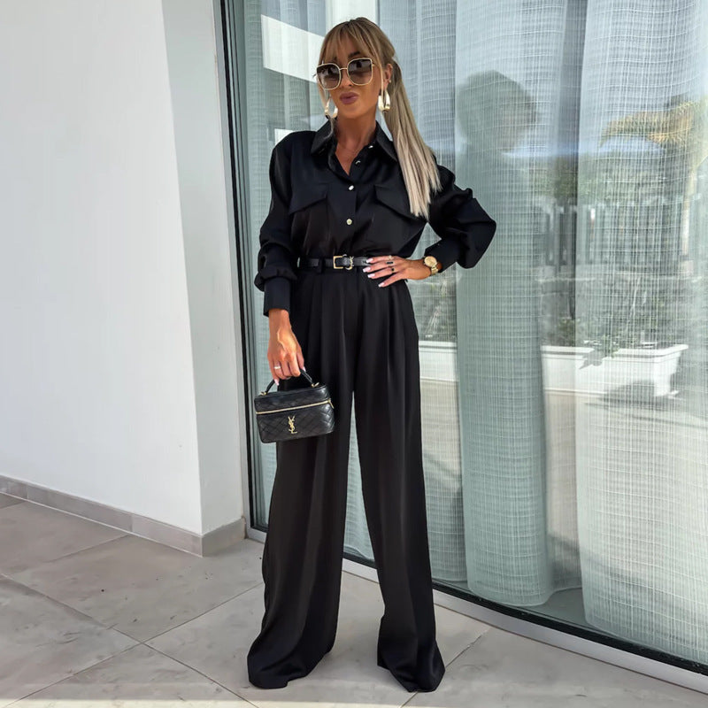 Completo Due Pezzi Donna Gianna | Camicia a Maniche Lunghe & Pantaloni Larghi in Nero & Marrone TIAMUSE Completo