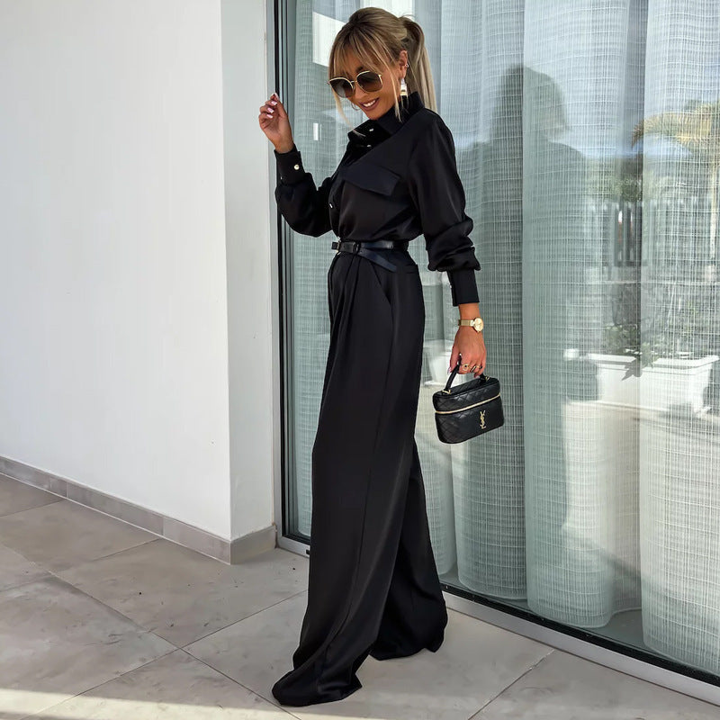 Completo Due Pezzi Donna Gianna | Camicia a Maniche Lunghe & Pantaloni Larghi in Nero & Marrone TIAMUSE Completo